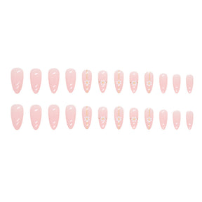 Simple Gold Line Flower Nails Round Almond Pink Sweet 24 Pieces