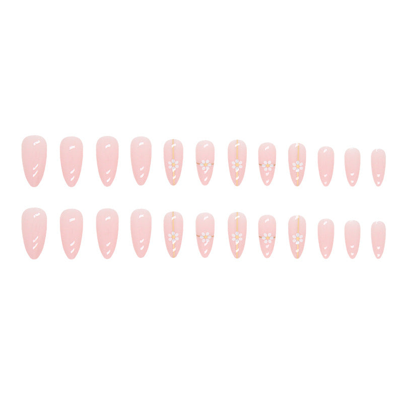 Simple Gold Line Flower Nails Round Almond Pink Sweet 24 Pieces