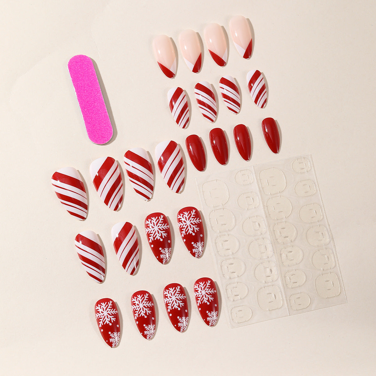 Christmas Almond Red White French Snowflake Removable Nails