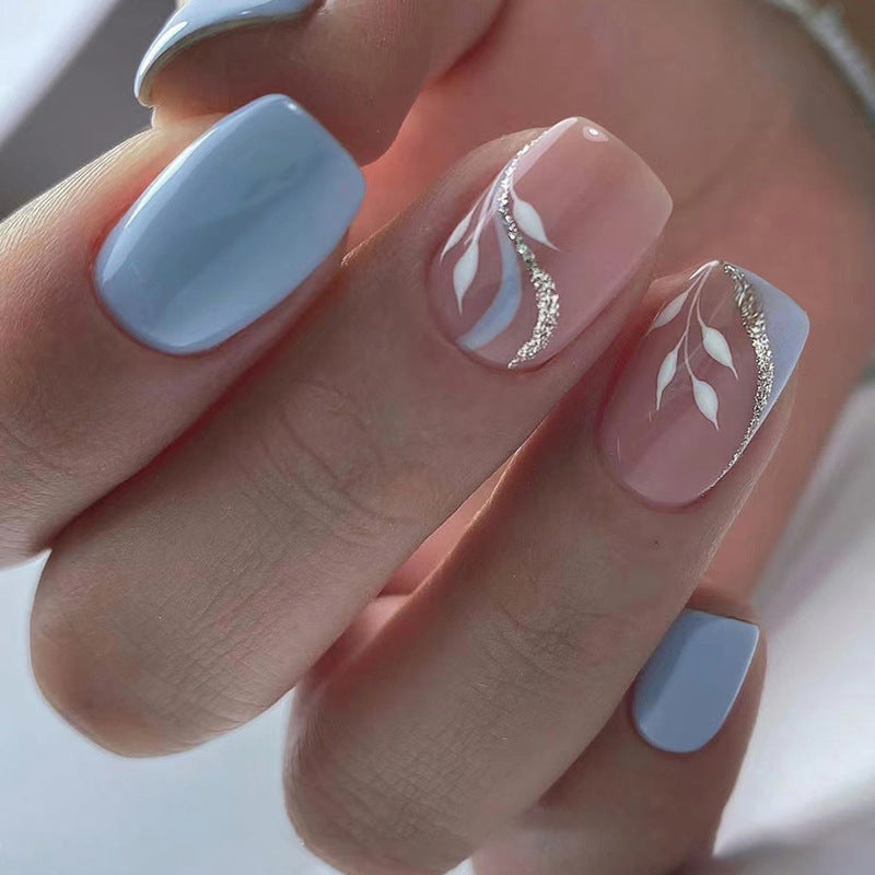 24-Piece Light Blue Leaf Nails - Summer, Sweet & Cool