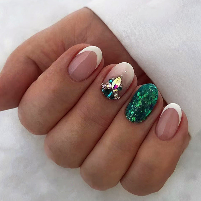 Oval French Nails, Noble Emerald Green with Crystal Studs