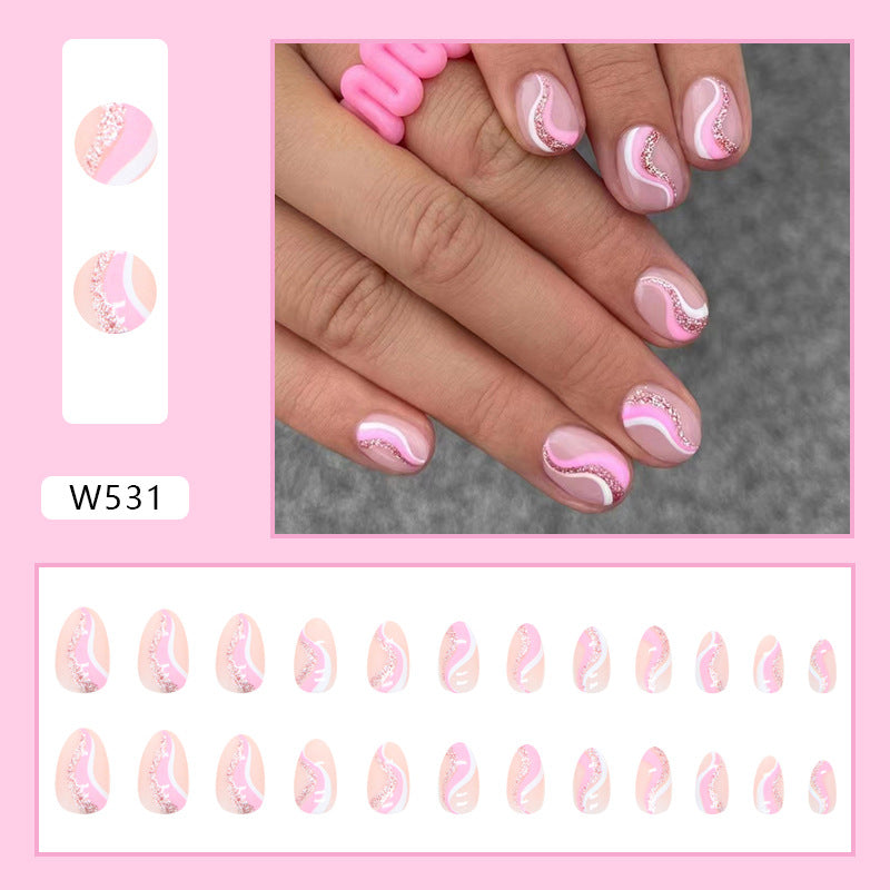 Sweet Short Round Pink Striped Nails, Shiny, Cute, European Style