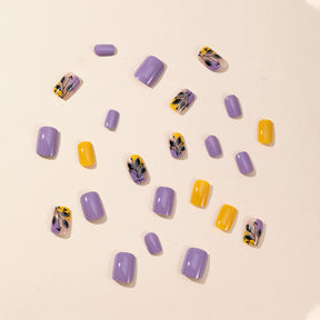 Spring Summer Purple Yellow Floral Print Detachable Fake Nails