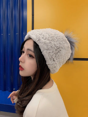 Winter Fashion Real Rabbit Fur Hat with Fox Pom Pom