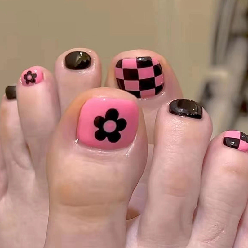 Checkerboard Flower Pink Black Toe Nail Stickers