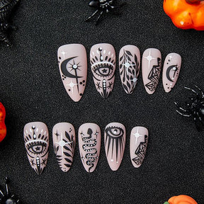 Almond Shape Round Black Totem Nails, Large Eye Diamond Moon, Halloween Style