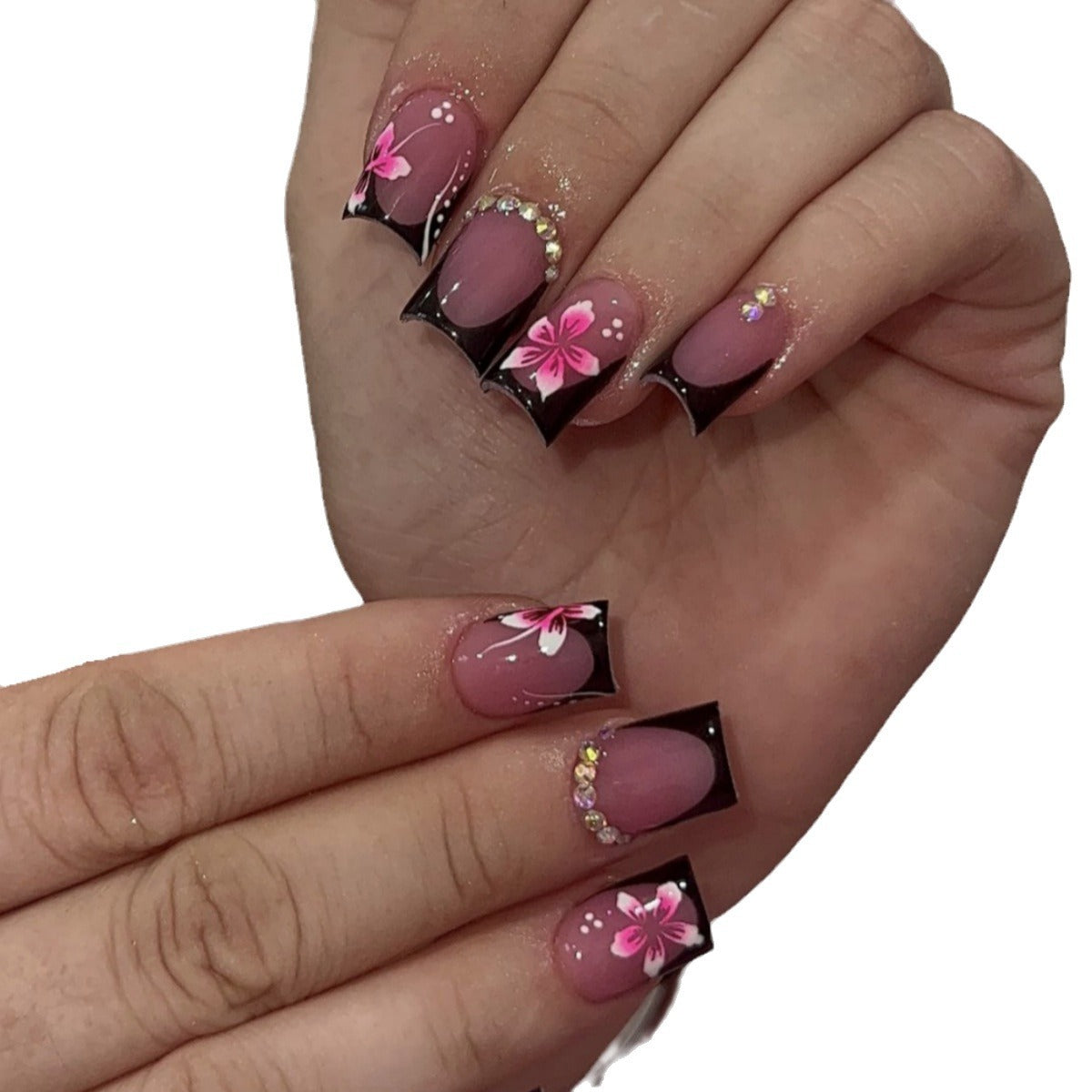 Black French Tip Blush Flower Nails