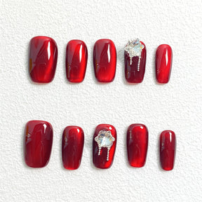 Chic Handmade Dark Red Cat Eye Flash Diamond Fall Nails, Versatile Short Nail Patches