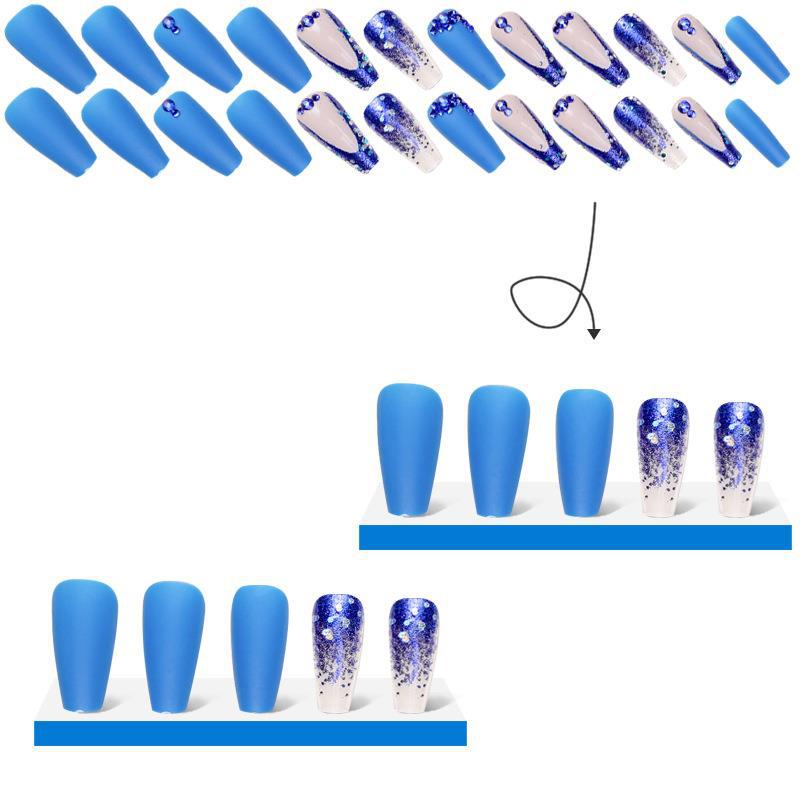 Blue Sparkle T-Shape Nail Tips with Diamonds