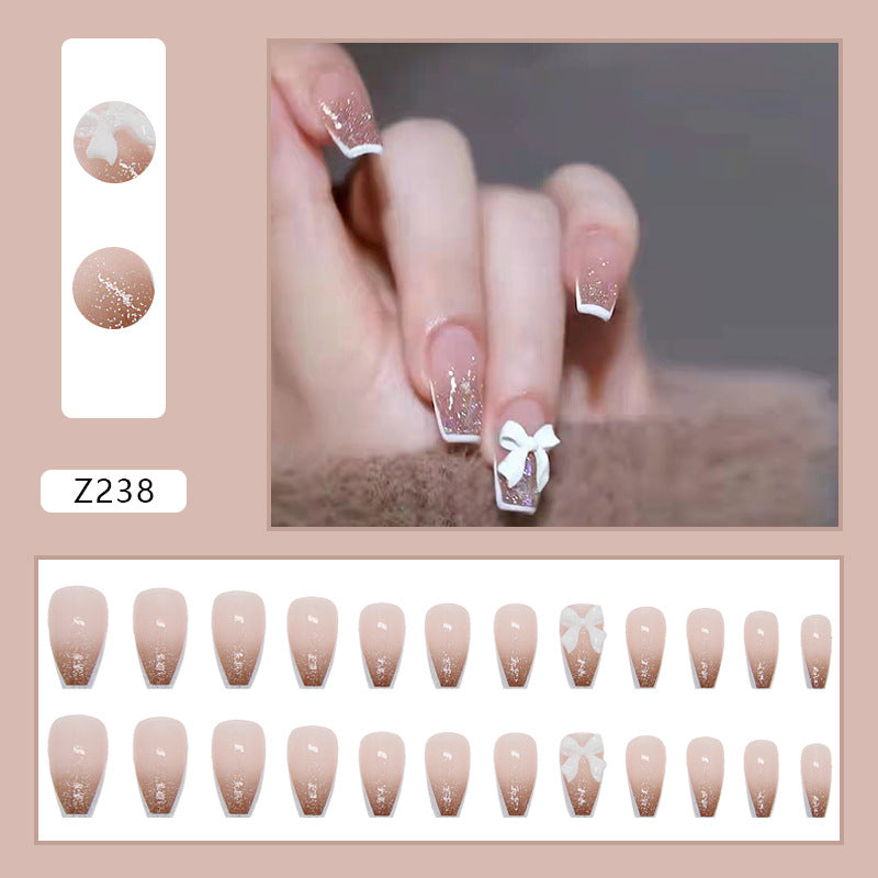 Thin French Gradient Bow Fall Nails, 24-Piece Removable Set