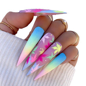 Colorful Maple Leaf Gradient Nails, Long and Pointed