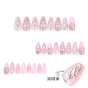 3D Bow Handmade Mirror Pink Silver Nail Tips