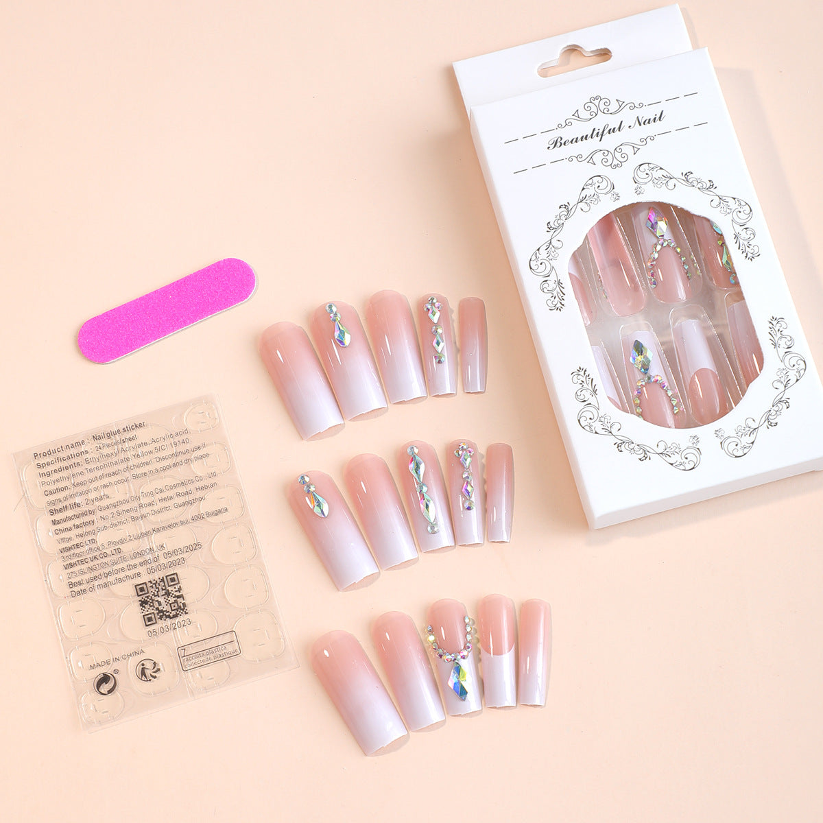 24-Piece Crystal-Encrusted Gradient Long Tapered Nail Tips