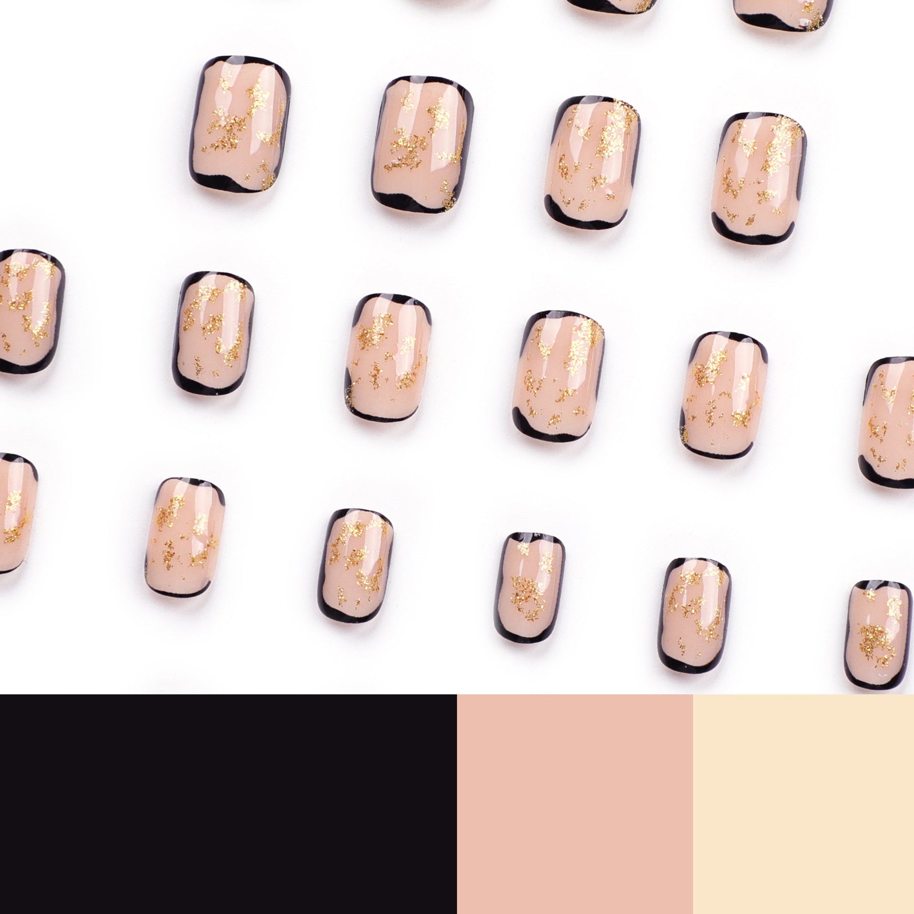 Short Nude Black-Edge Nail Art Tips with Glitter, Wearable Nails