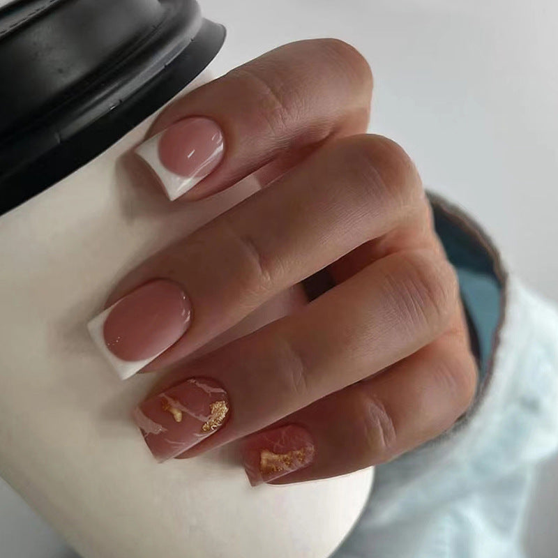 Short Simple White French Marble Fall Nails - Gold Foil