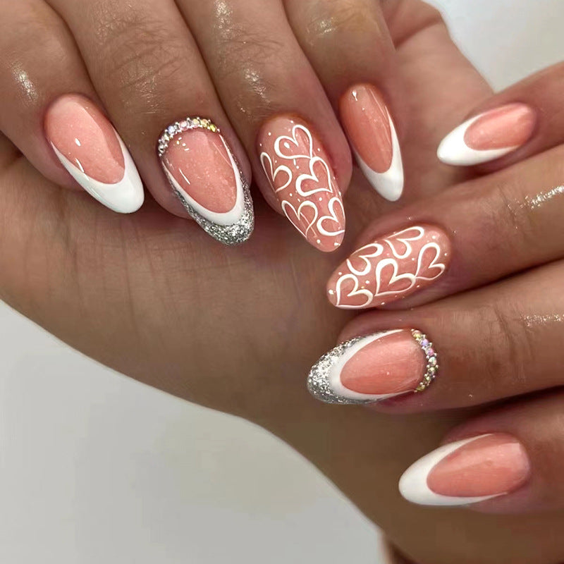 Simple White Heart French Glitter Diamond Almond Fall Nails