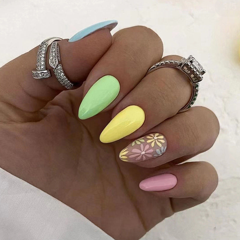 Summer Fresh Multi-Color Rainbow Flower Nails Cute Girl Sunflower Wearable Nails