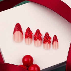 3D Red French Tip Nails with Christmas Bow