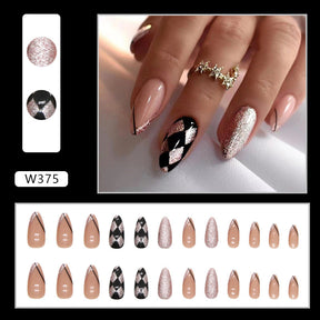 Medium Length Round Almond Nails, Flashy Diamond Pattern, Ins Style