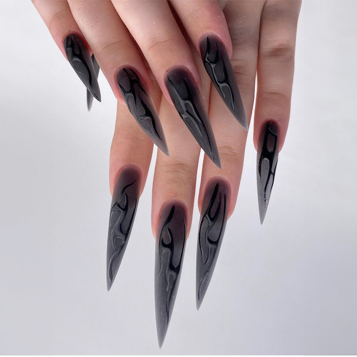 Dark Toned Long Pointed Nail Tips with Flame  Stripes