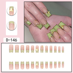 Chic Green Gold Bow Nail Extensions, French Style