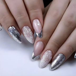 Christmas Glitter Snowflake Silver Gradient Fall Nails - Removable Nail Tips