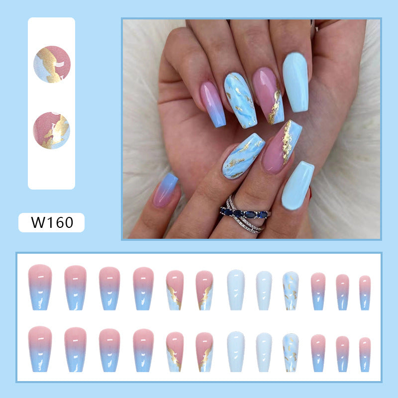 Blue Ombre Mid-Length Cross-Border Fake Nails with Gold Foil Flakes