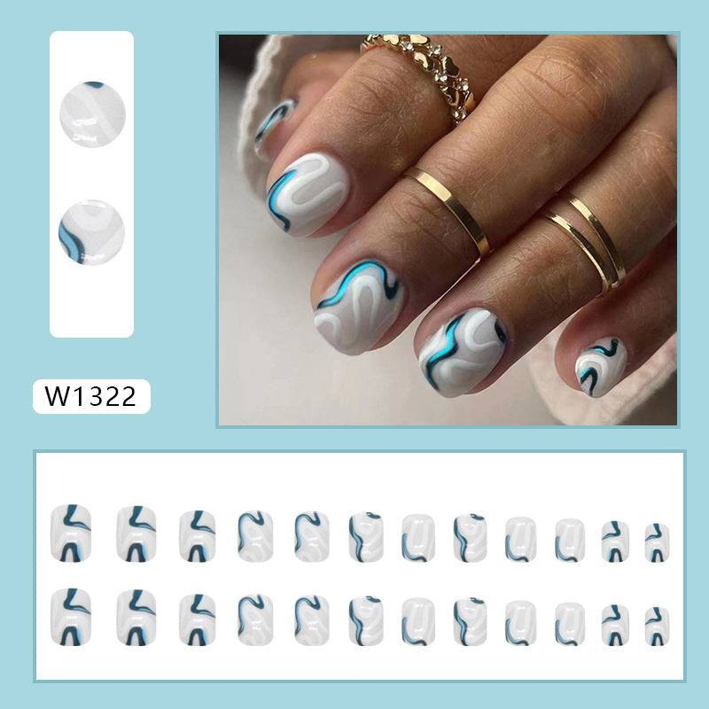 Short Irregular Blue and White Wave Nails for Sweet Girls