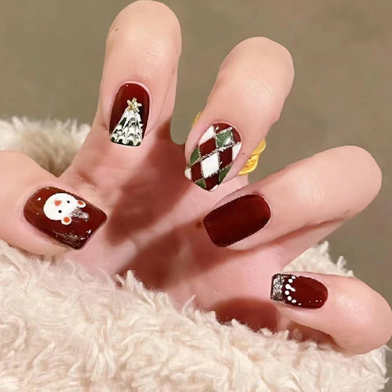 Christmas Bear Nail Tips, Winter Plaid Design