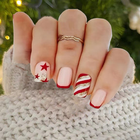 Cute French Red Striped Star Christmas Fall Nails - Removable Nail Tips