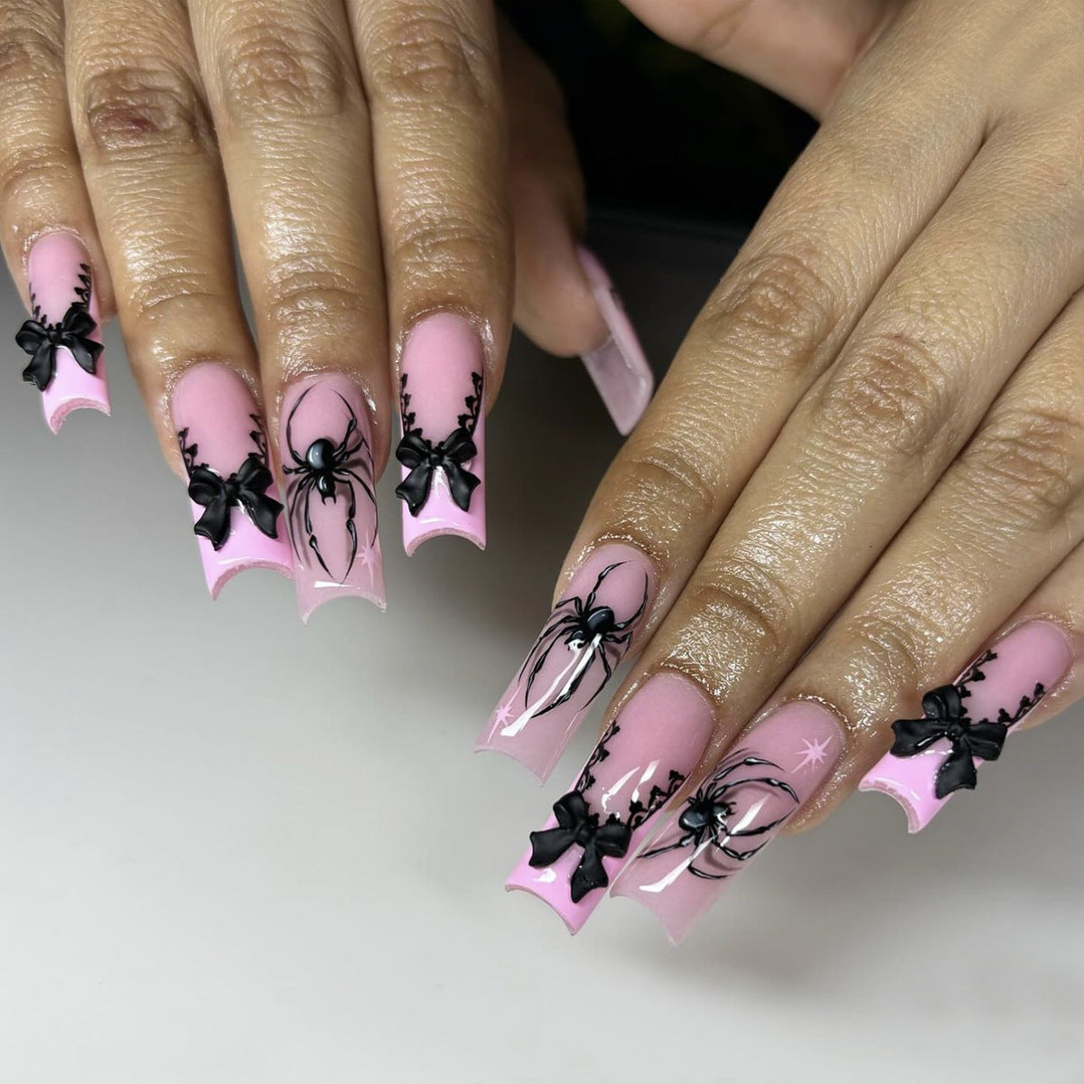 Long Transparent Pink Black Widow Spider False Nails