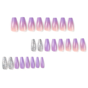 Purple Gradient Wearable Nail Art Tips with Silver Glitter