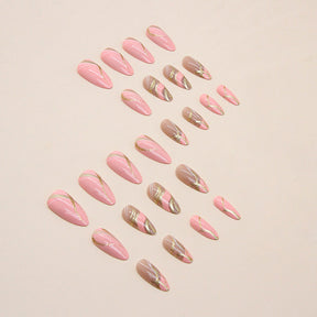 Shiny Barbie Pink Almond Nails with Wave Design