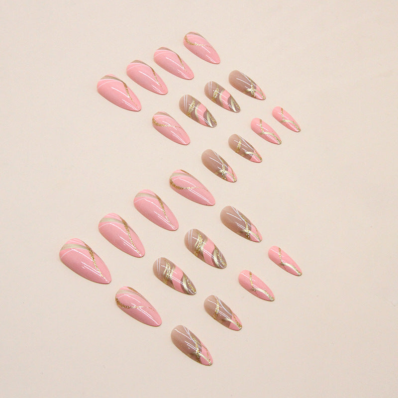 Shiny Barbie Pink Almond Nails with Wave Design