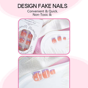 Floral French Toe Nails - White Edge, Soft Pink