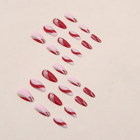 Almond Nails Irregular Wave Burgundy French Sparkling Wave Lines Euro Ins Style Spicy Girl