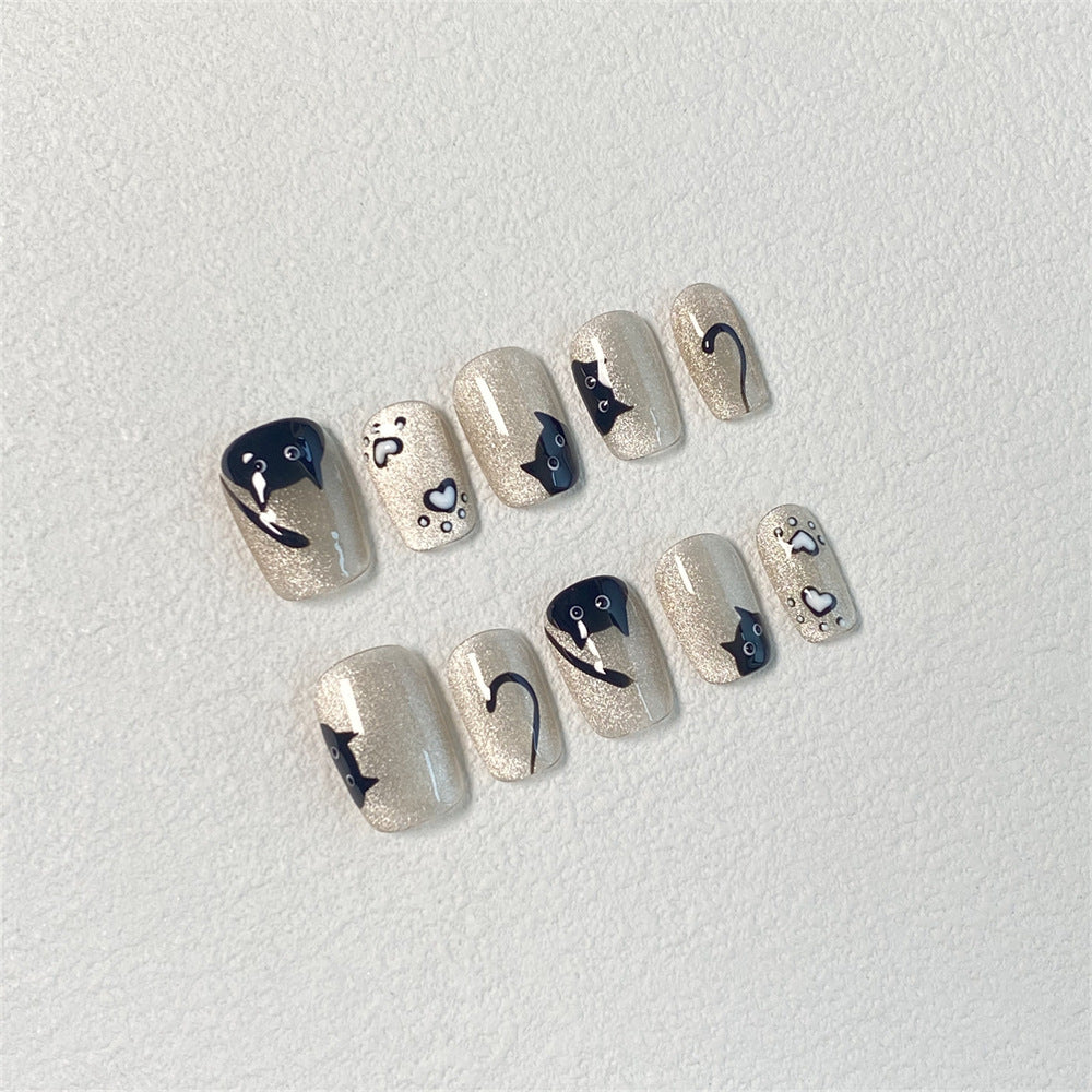 Chic Handmade Cat Eye Hand-Painted Cat Knot Fall Nails, Trendy and Versatile Nail Patches