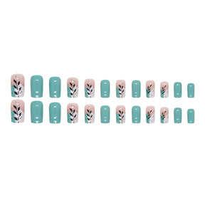 Summer Fresh Mid-Length Nails, Lake Blue with Leaf Design