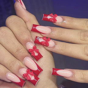 Red French Nails with 3D Bow, Removable & Stylish