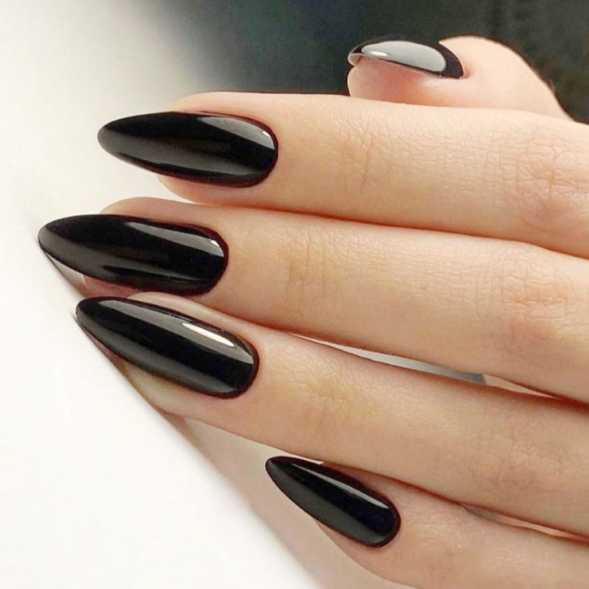 Black Almond Fall Nails, Removable Water Drop Acrylic Nail Tips