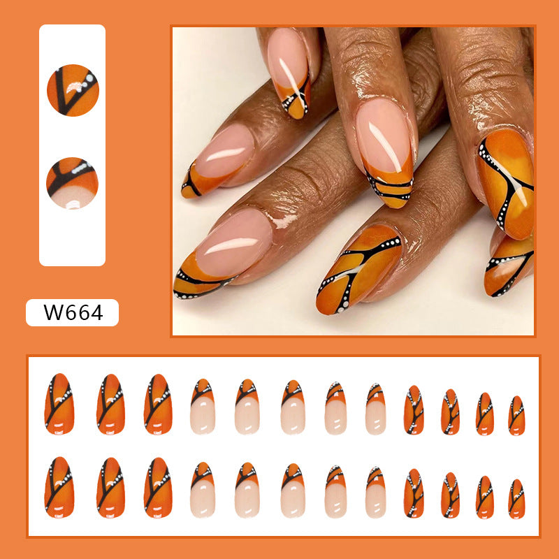 Round Tip Almond Nails, Orange and Black Halloween Design