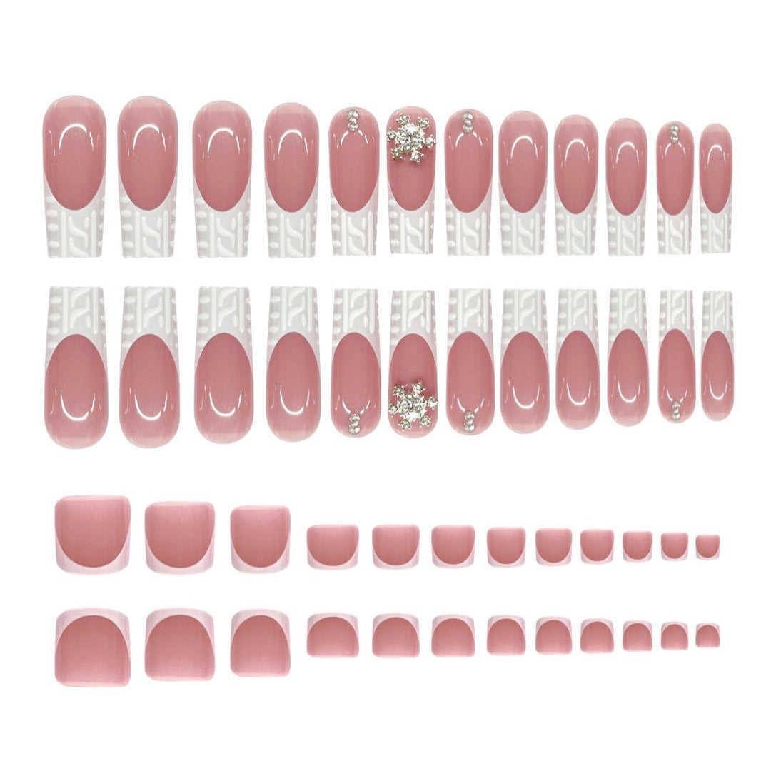 3D White French Square Nails with Sparkle and Snowflakes