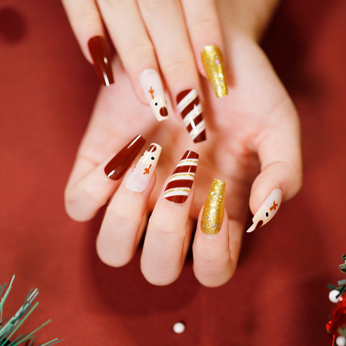 Christmas Press-On Fall Nails Set with Nail Tips