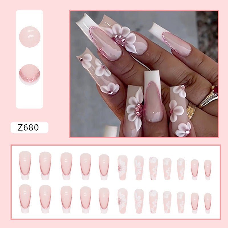 Sweet French Sparkling Diamond Nails Long Ballet 24-Piece Box