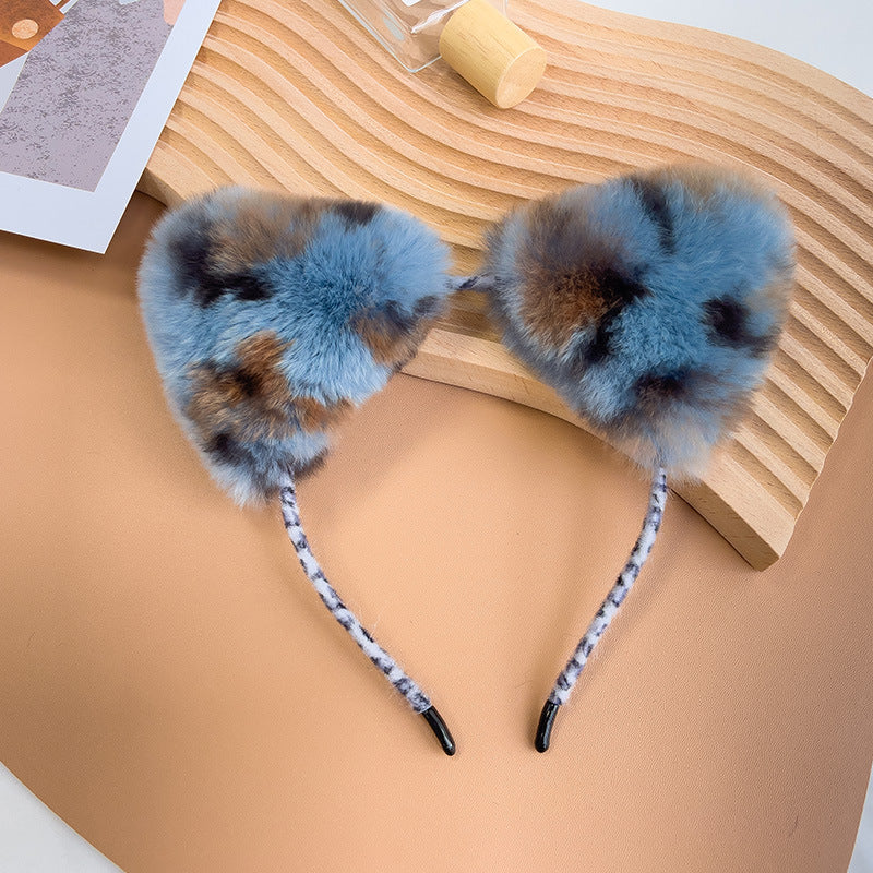 Cute Real Rabbit Fur Cat Ear Headband - Leopard Print