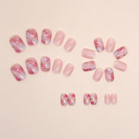 Short Cherry Blossom Ombre Nails with Gold Foil, Sweet Ins Style