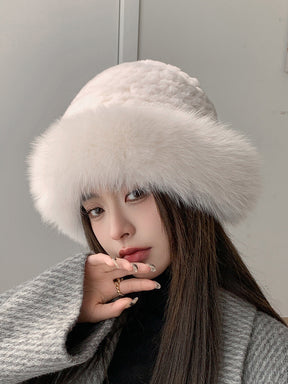 Cute Real Rabbit Fur Hat with Fox Trim - Winter Warmth