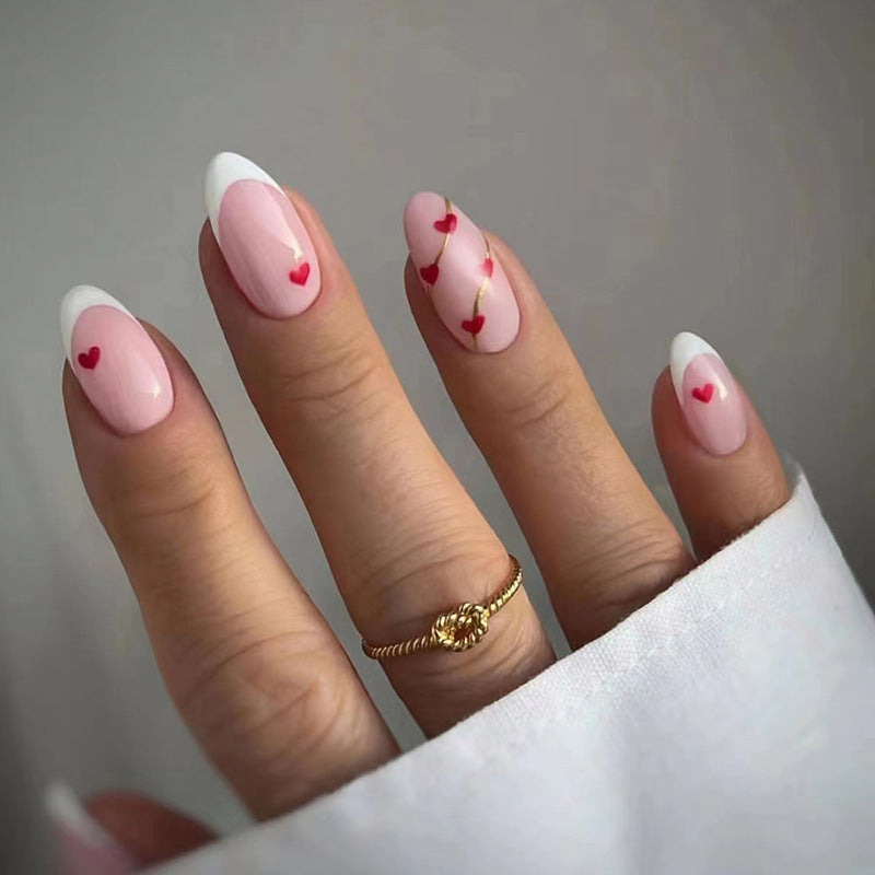 Round Almond Nails Simple White French Gold Heart Valentine's Day Wearable Nails