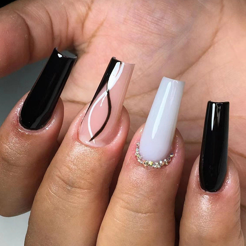 Sweet Edgy Black-White Wave Fall Nails, 24-Piece Ins-Style Set"