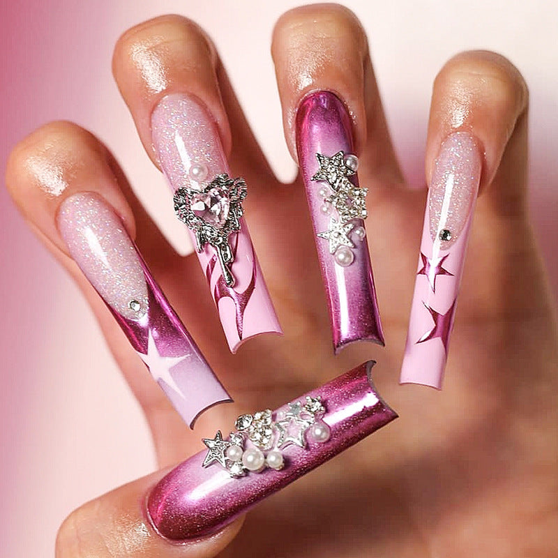 Simple Long Water Pipe Press-On Nails with Fine Glitter